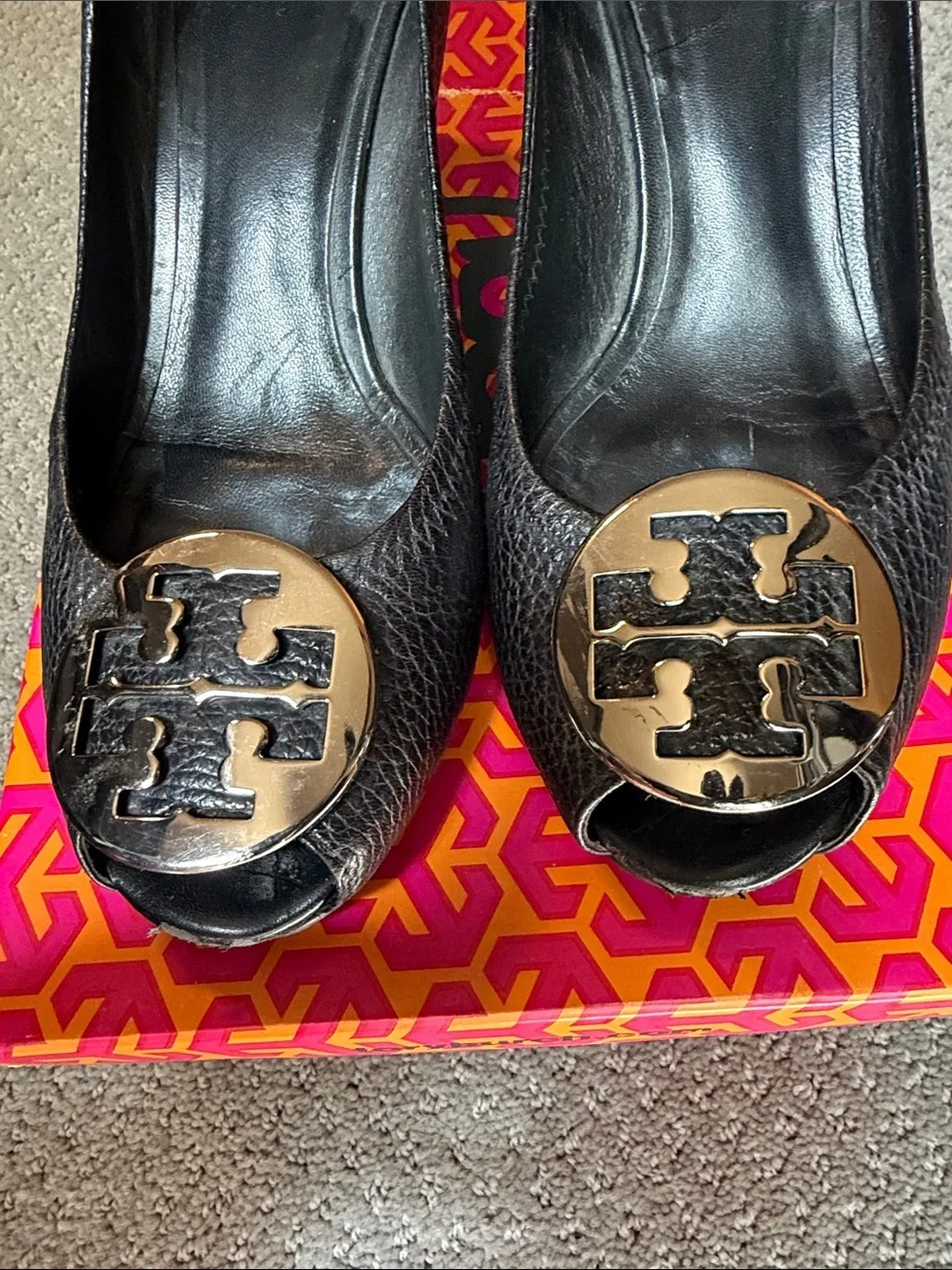 Tory Burch Women's Sally 2 Black Tumbled  Leather Peep Toe Wedges w/ Silver Logo